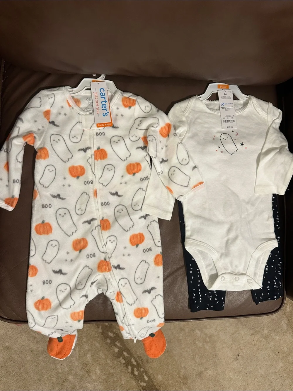 Carter's White & Orange Ghost and Pumpkin Footed One-Piece Set